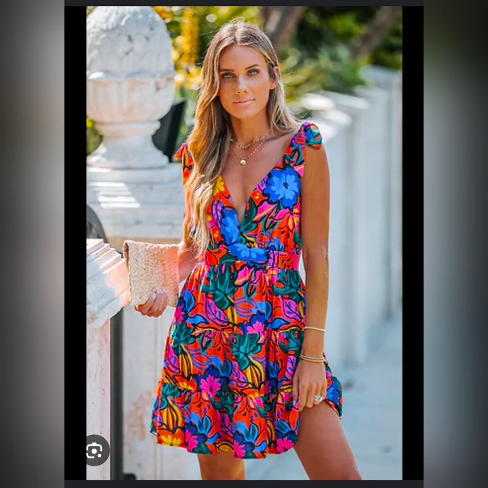 Cupshe Bright Tropical Floral Mini Dress - Blue, Pink, Orange, Green